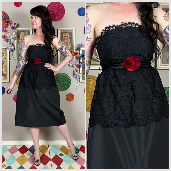 Vintage 1970s/80s Black Lace and Satin Strapless Dress - Picture 1 of 8